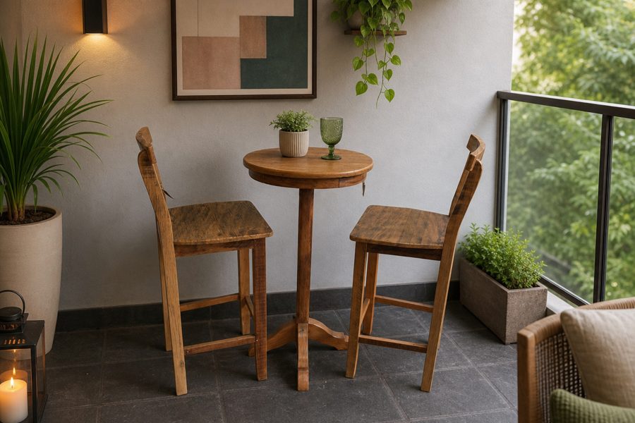 Mesa bistrô redonda com duas banquetas de encosto alto, junto a uma janela