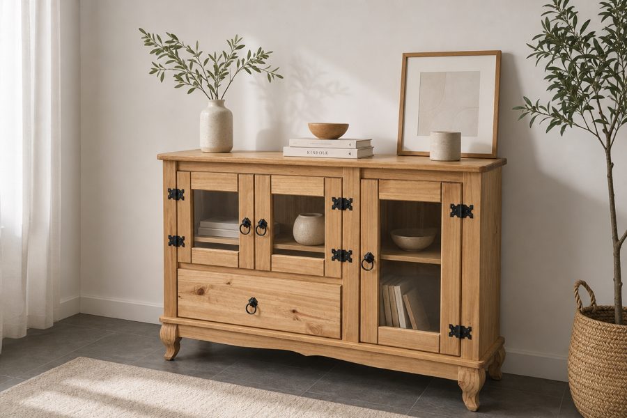Buffet de madeira clara com portas de vidro e ferragens pretas, em uma sala com plantas