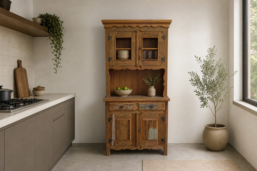 Cristaleira de madeira maciça com vitrine e base fechada, em uma cozinha clara