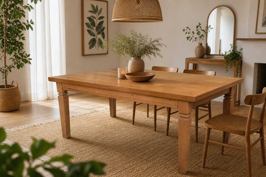Mesa de jantar retangular de madeira maciça com quatro cadeiras, em uma sala clara
